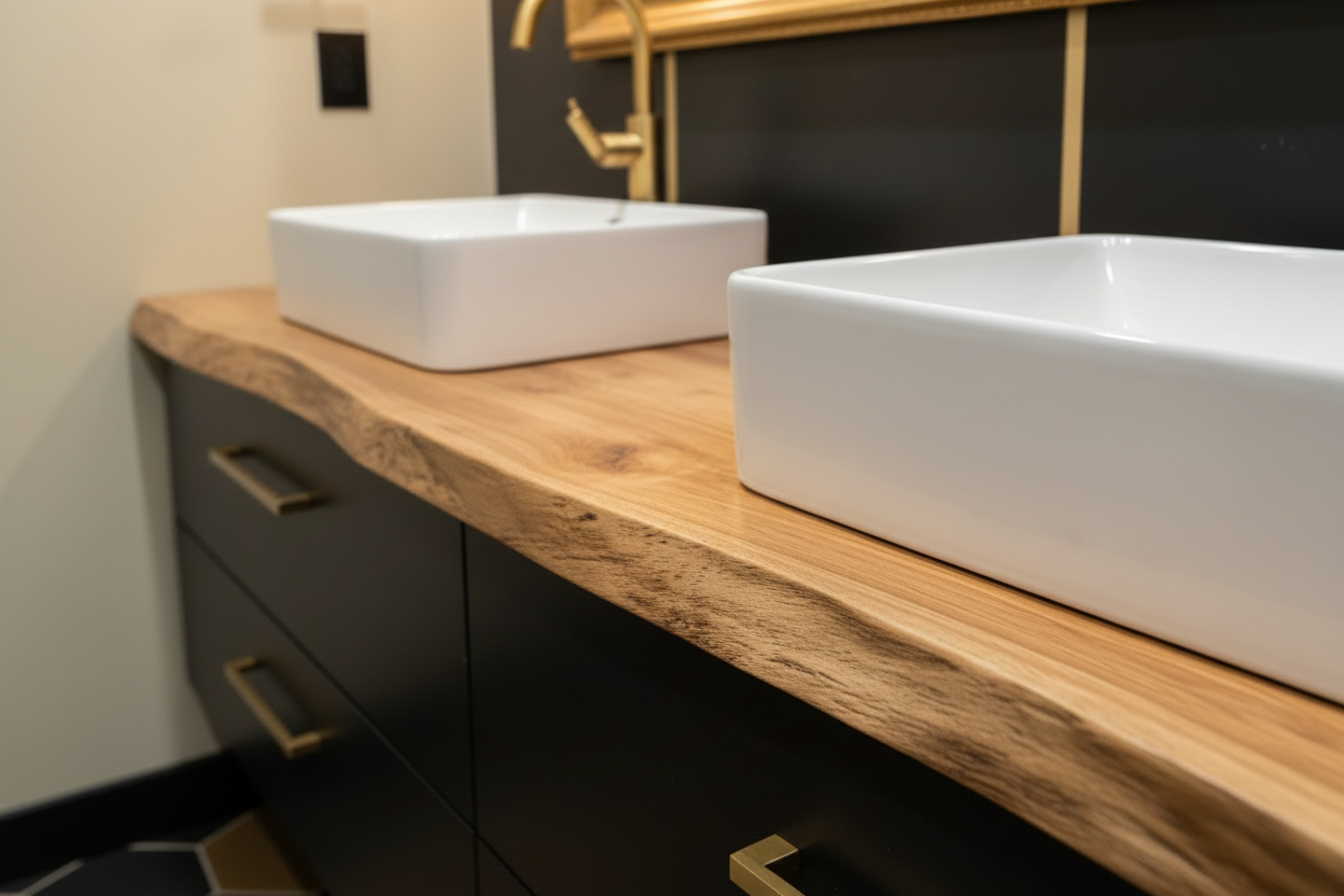 live edge english chestnut vanity top in a bathroom setting