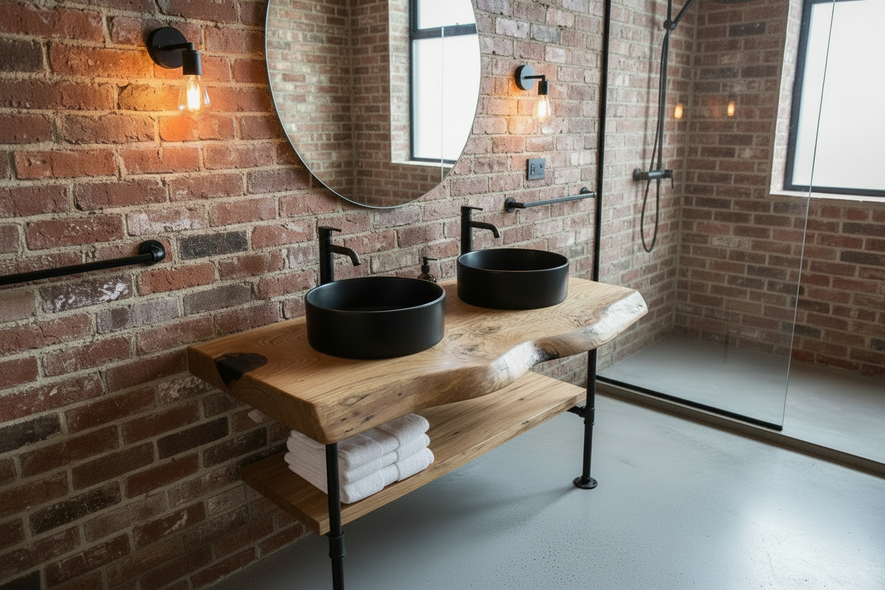Wooden live edge chestnut vanity top with a rustic design on a wooden surface