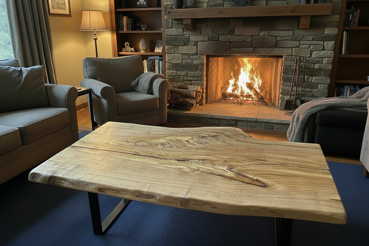Live edge chestnut wood coffee table with natural grain and edges on a blue rug.