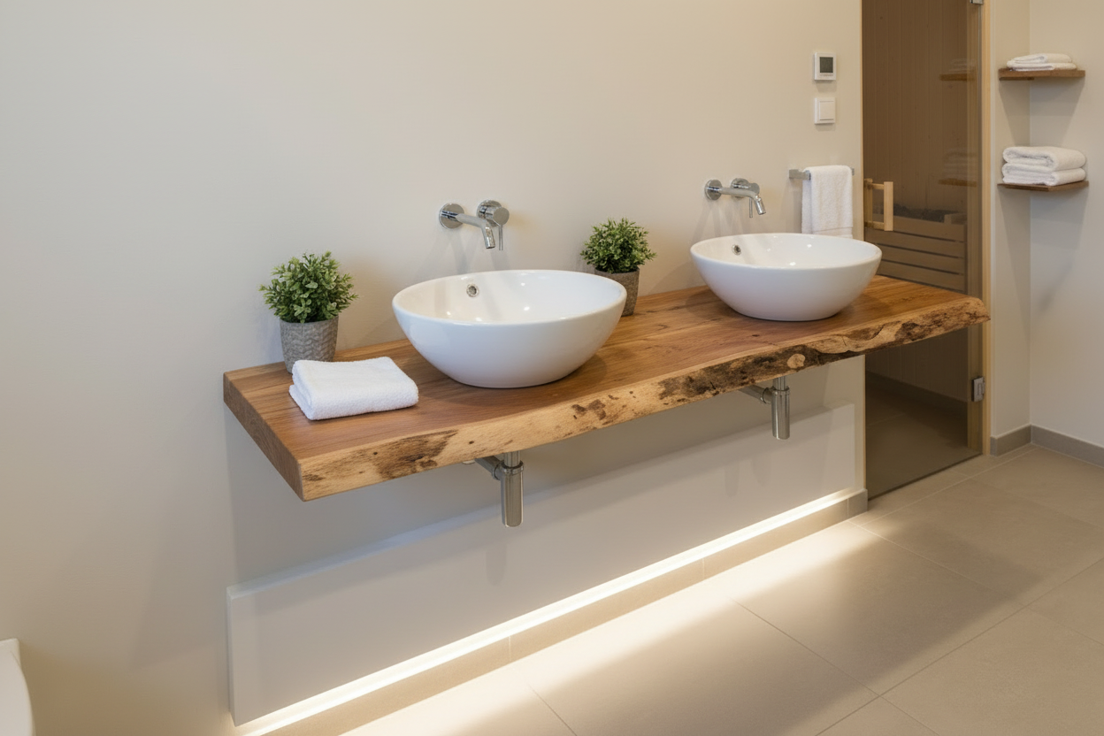 Bathroom with wooden live edge chestnut vanity featuring two white sinks, towels, and plants.