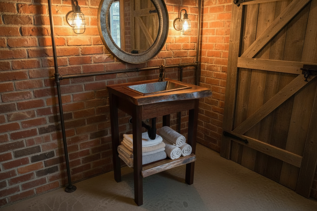 Wooden vanity with a copper sink on a tiled floor.