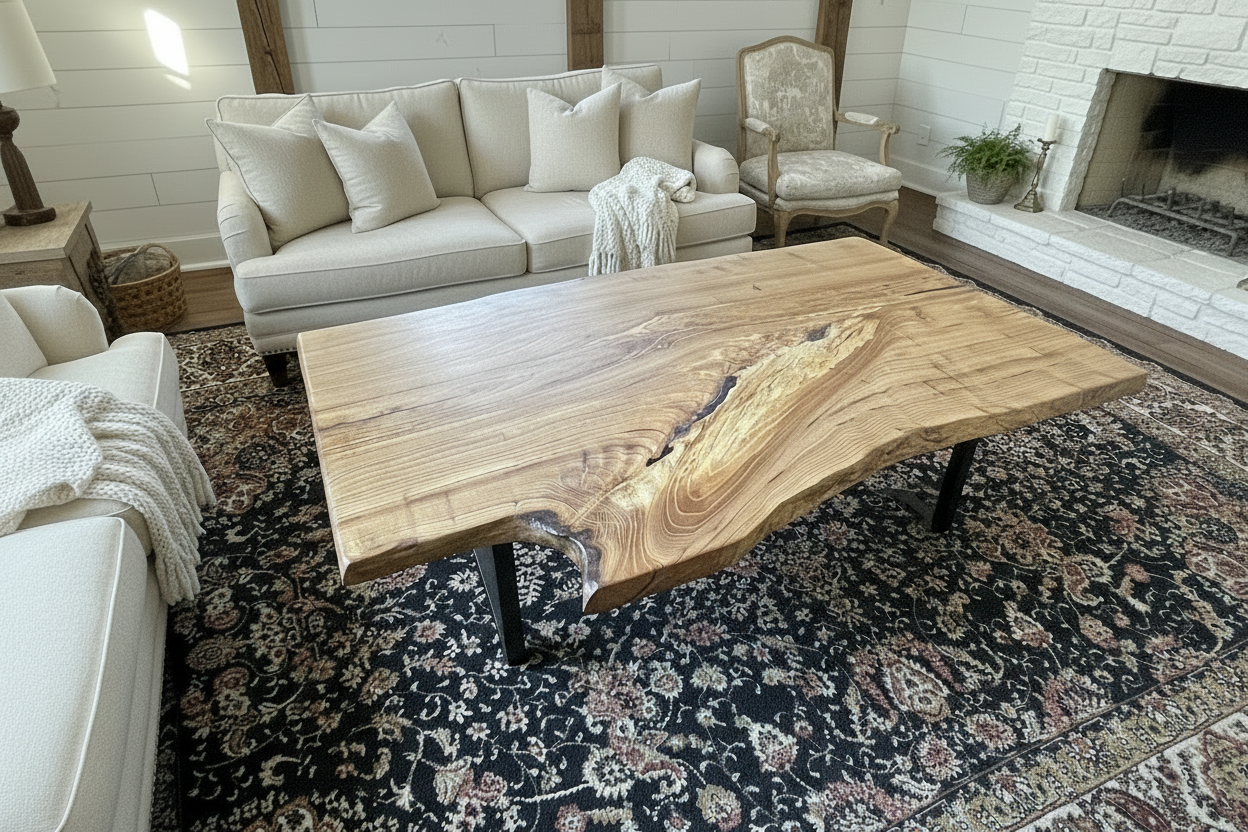 Live edge chestnut wood coffee table with a natural grain pattern on a patterned rug