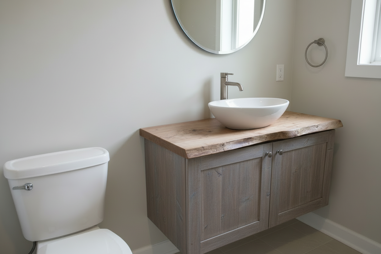 Wooden live edge chestnut floating vanity top with a natural edge design on a plain background