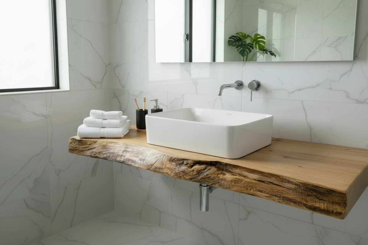 Wooden floating live edge spalted maple and ambrosia maple vanity top with a natural grain pattern on a light background