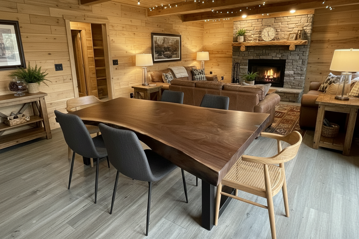 Live edge walnut wood slab coffee table with a natural finish on a wooden floor