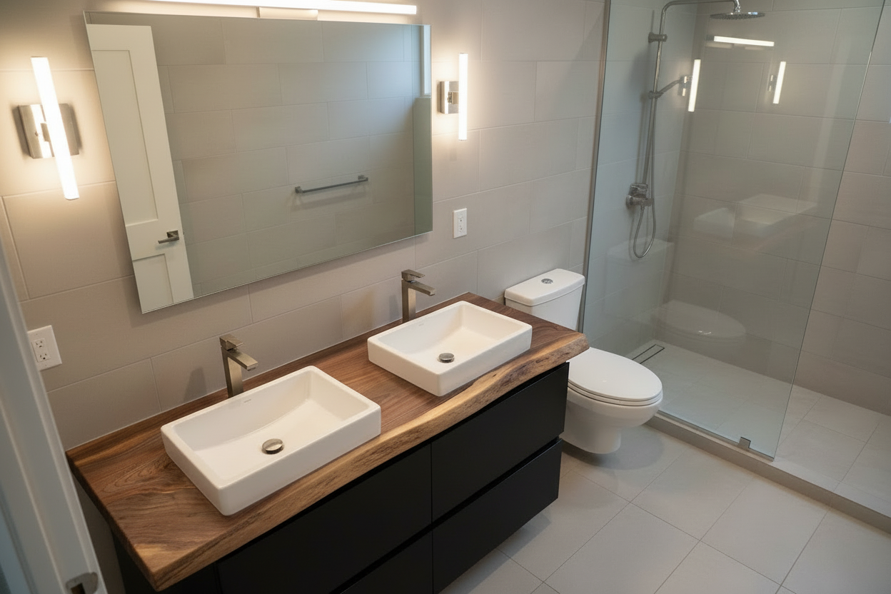 Large live edge walnut vanity top with a natural grain pattern on a wooden floor.