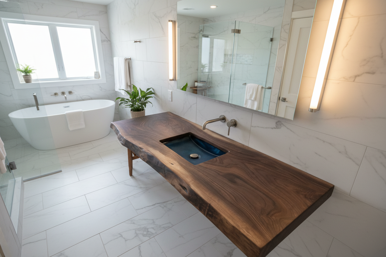 Large live edge walnut vanity top with a rustic finish on a wooden floor.