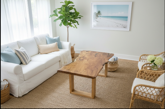 Living room with white sofa, live edge wooden coffee table, and wicker chairs.