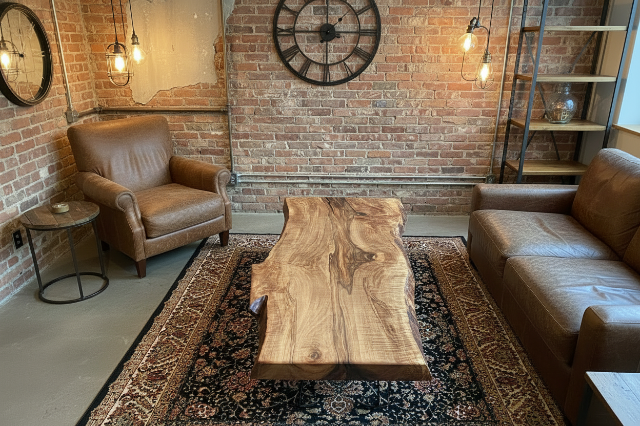 Live edge spalted ambrosia maple wood slab coffee table with a natural grain pattern on a patterned surface