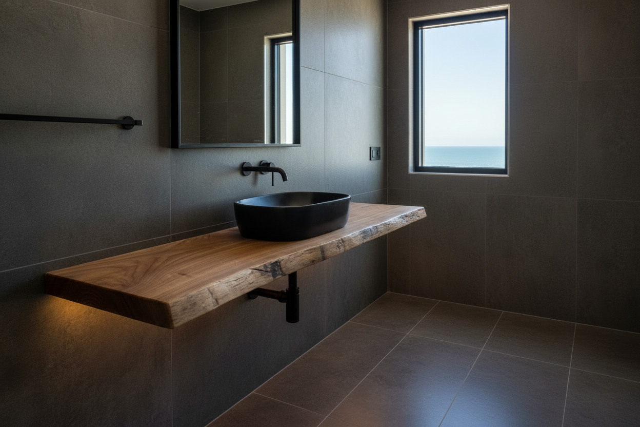 live edge english chestnut vanity countertop with a natural finish on a plain background
