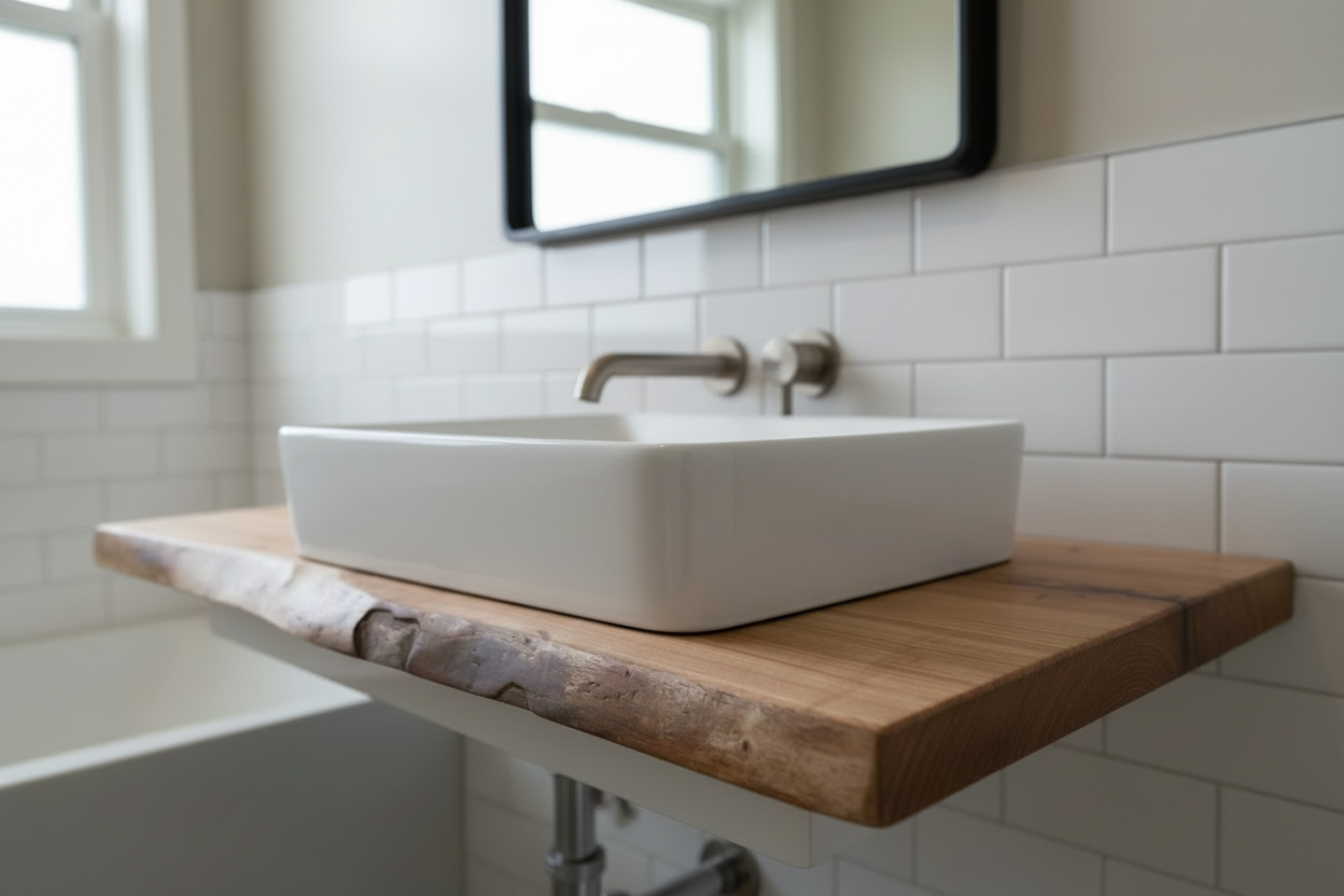 Wooden live edge chestnut floating vanity top with a natural edge on a neutral wall. 