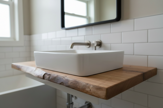 Wooden live edge chestnut floating vanity top with a natural edge on a neutral wall. 