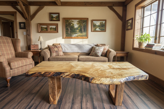 Live edge spalted ambrosia maple wood slab coffee table with a rustic design on a wooden floor.