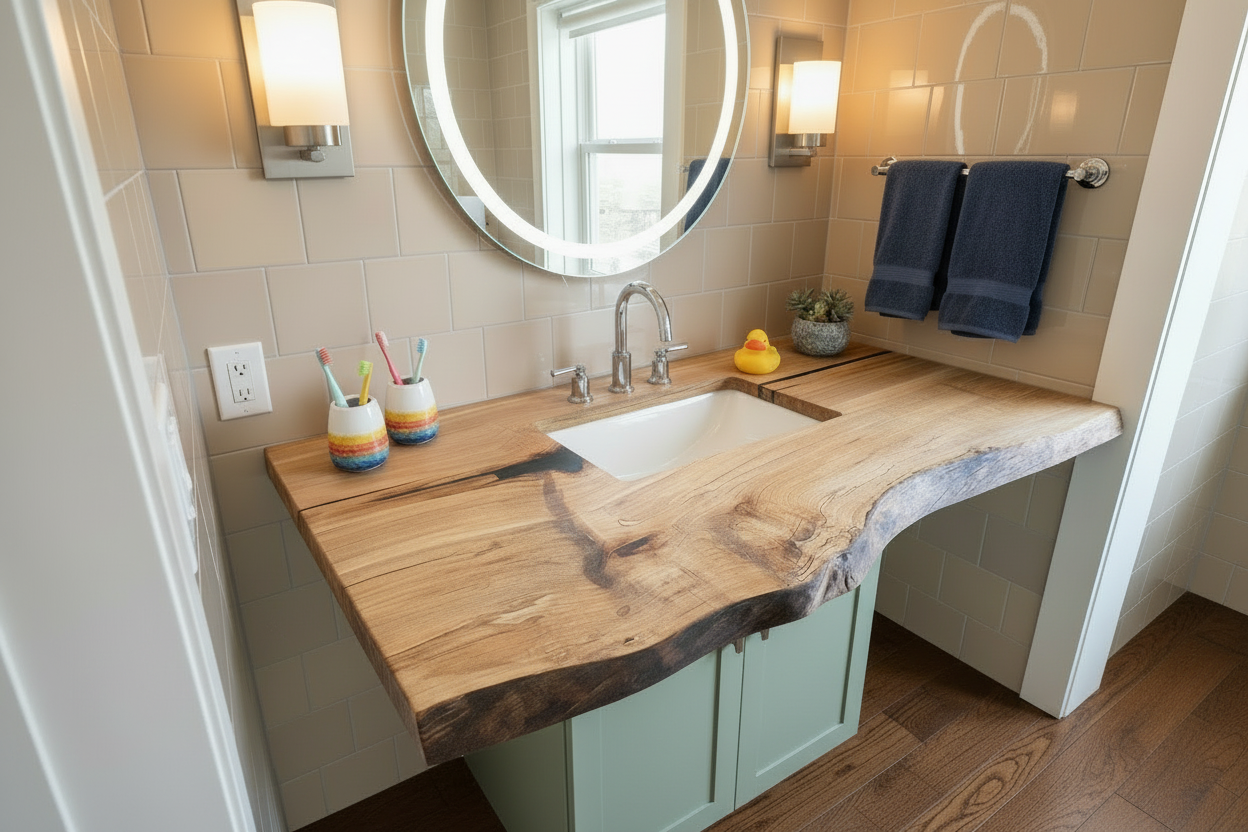 Wooden live edge spalted maple and ambrosia maple vanity top with a natural, rustic finish on a wooden floor.