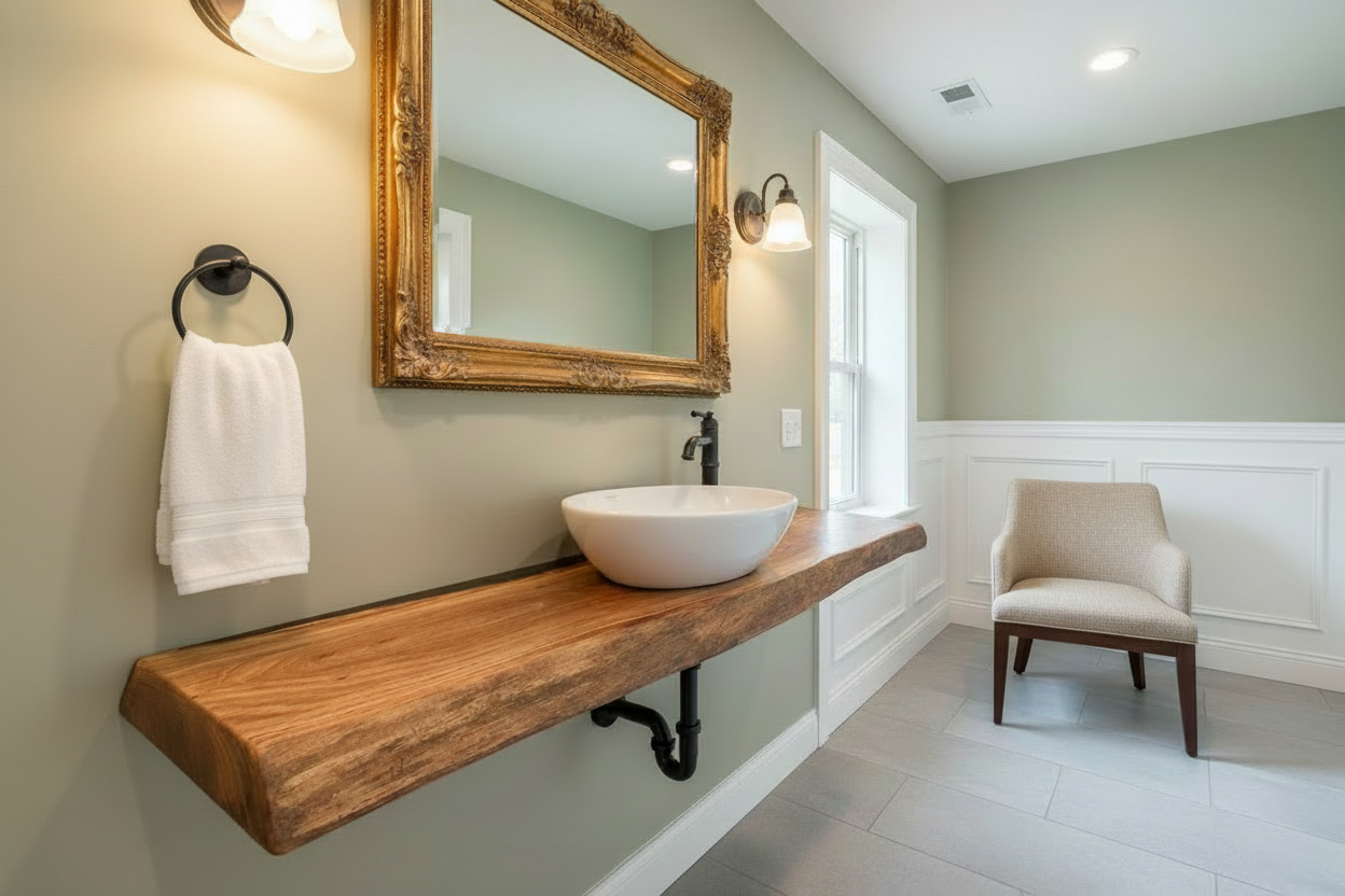 Bathroom with wooden live edge vanity, mirror, and chair.