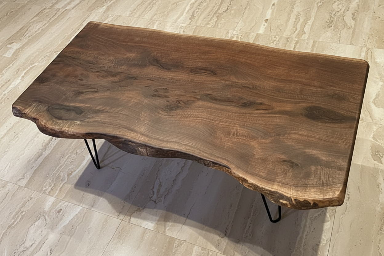 Live edge walnut coffee table with a rustic design on a wooden floor.