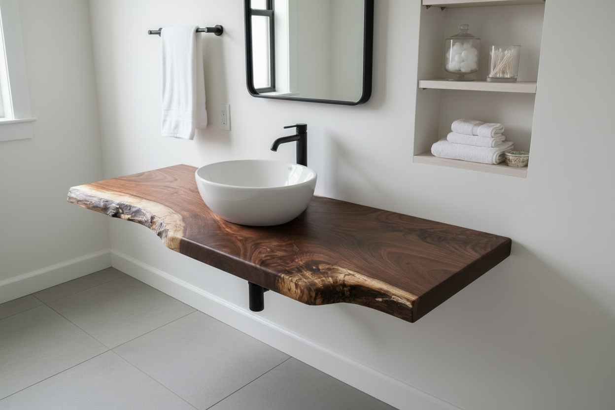 live edge walnut vanity top with a natural edge on a white surface