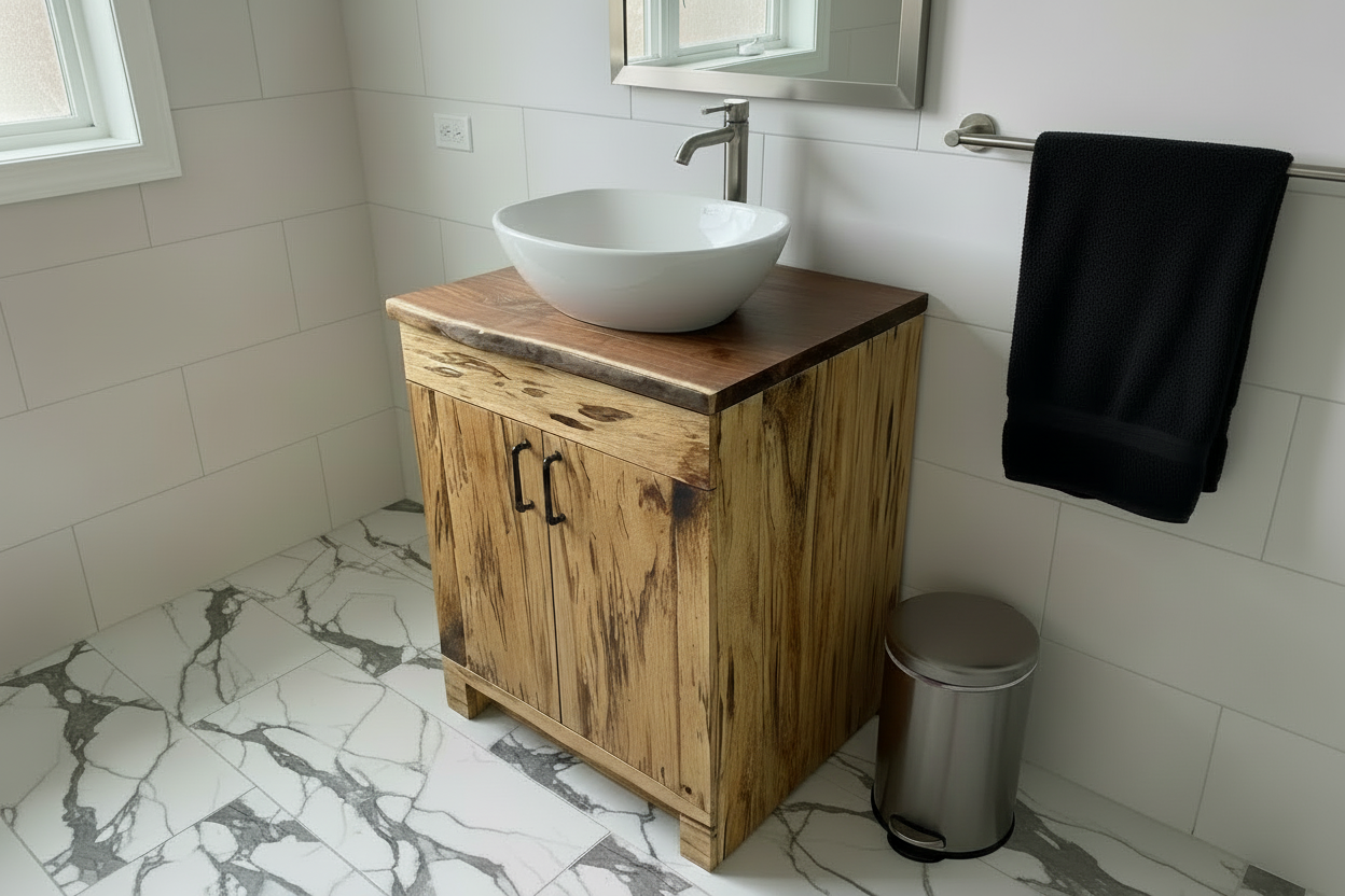 Live edge walnut and oak vanity cabinet with a rustic design on a wooden floor.