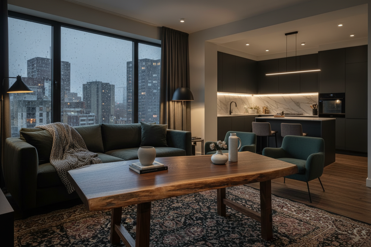 Live edge walnut wood slab coffee table with a natural finish on a patterned rug