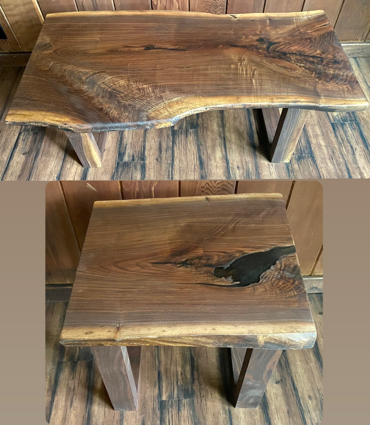 Live edge walnut wood slab coffee table set with a natural finish on a wooden floor.