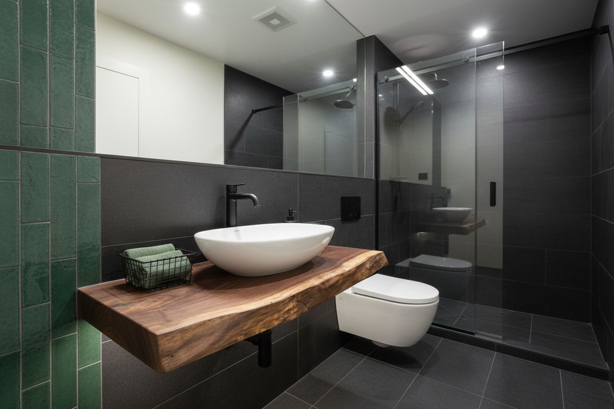 live edge vanity top of walnut wood with a natural grain pattern on a beige background