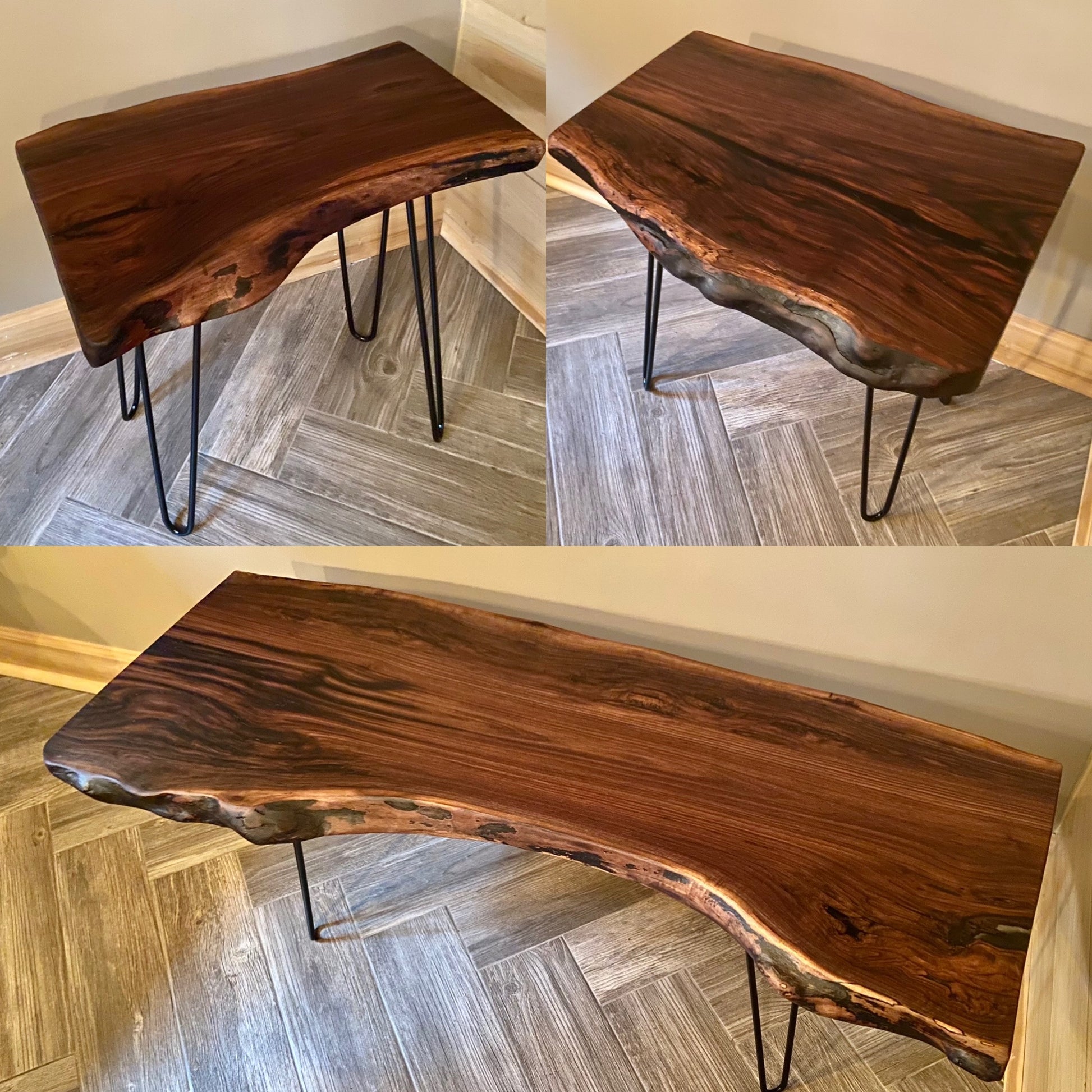 Live edge walnut wood slab coffee table set with black hairpin legs on a herringbone floor.