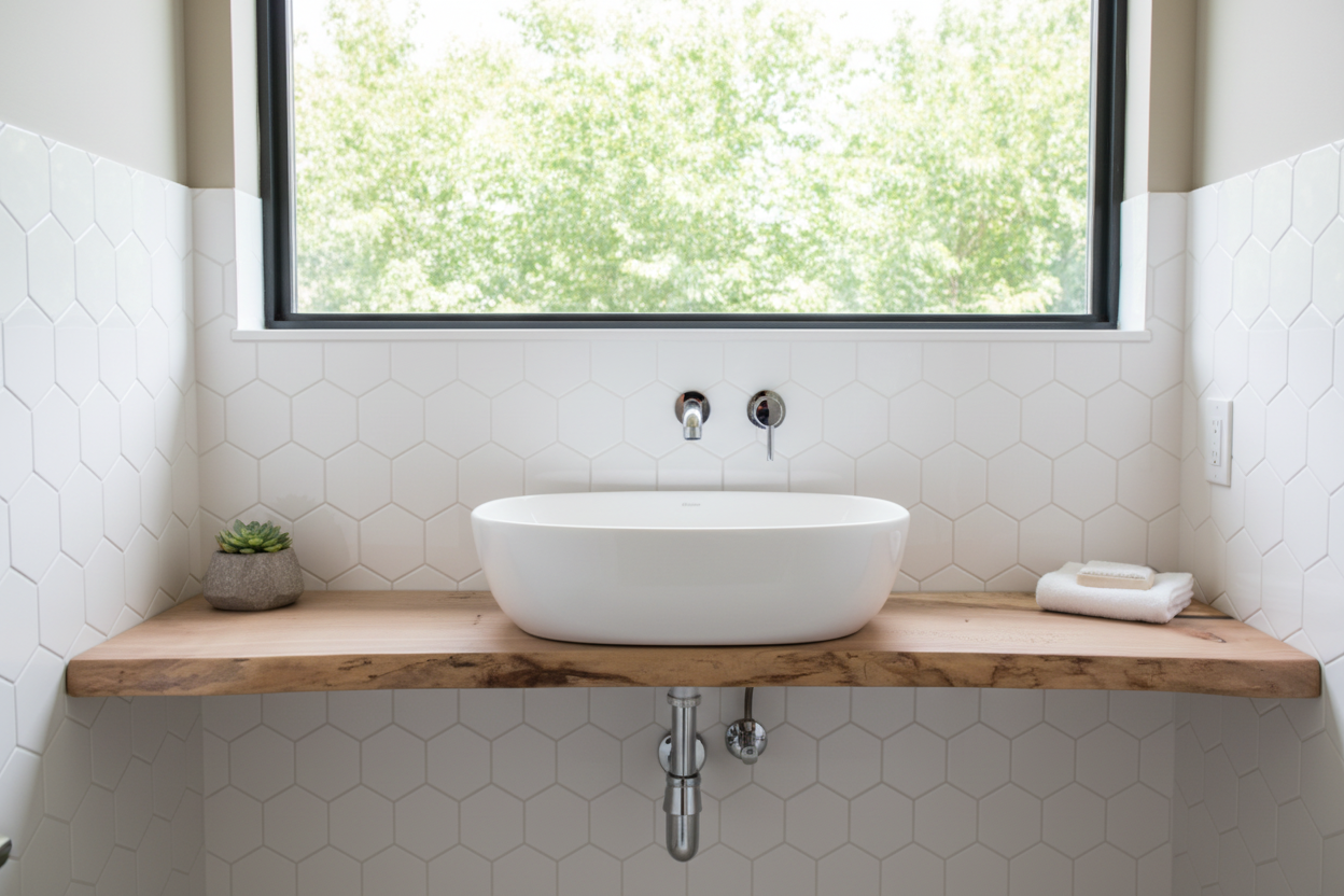wooden vanity top made of live edge wood with a natural finish on a plain background
