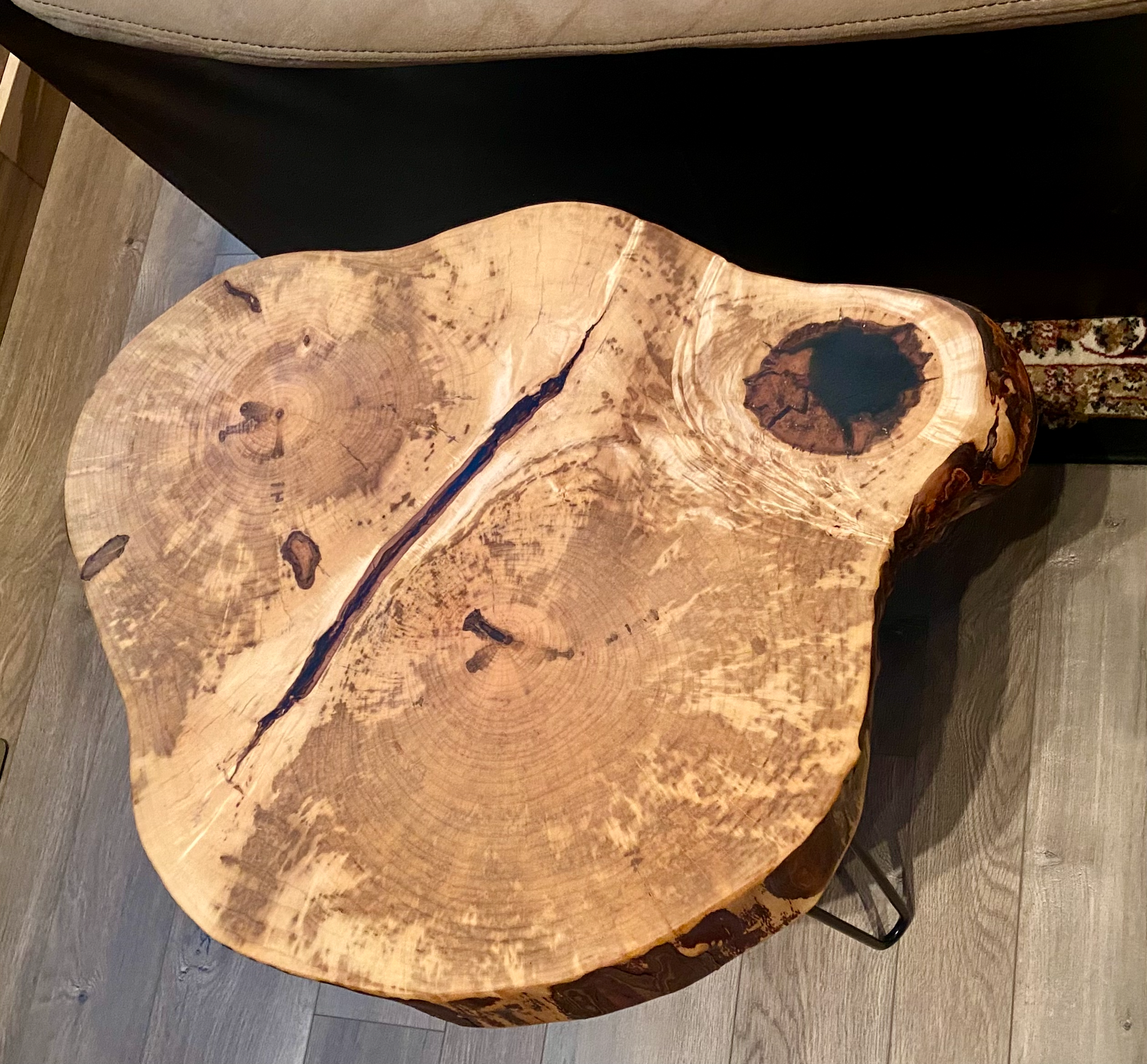 Handcrafted spalted maple live edge wood coffee table with natural, rustic grain patterns. Rustic modern farmhouse furniture made from solid hardwood.