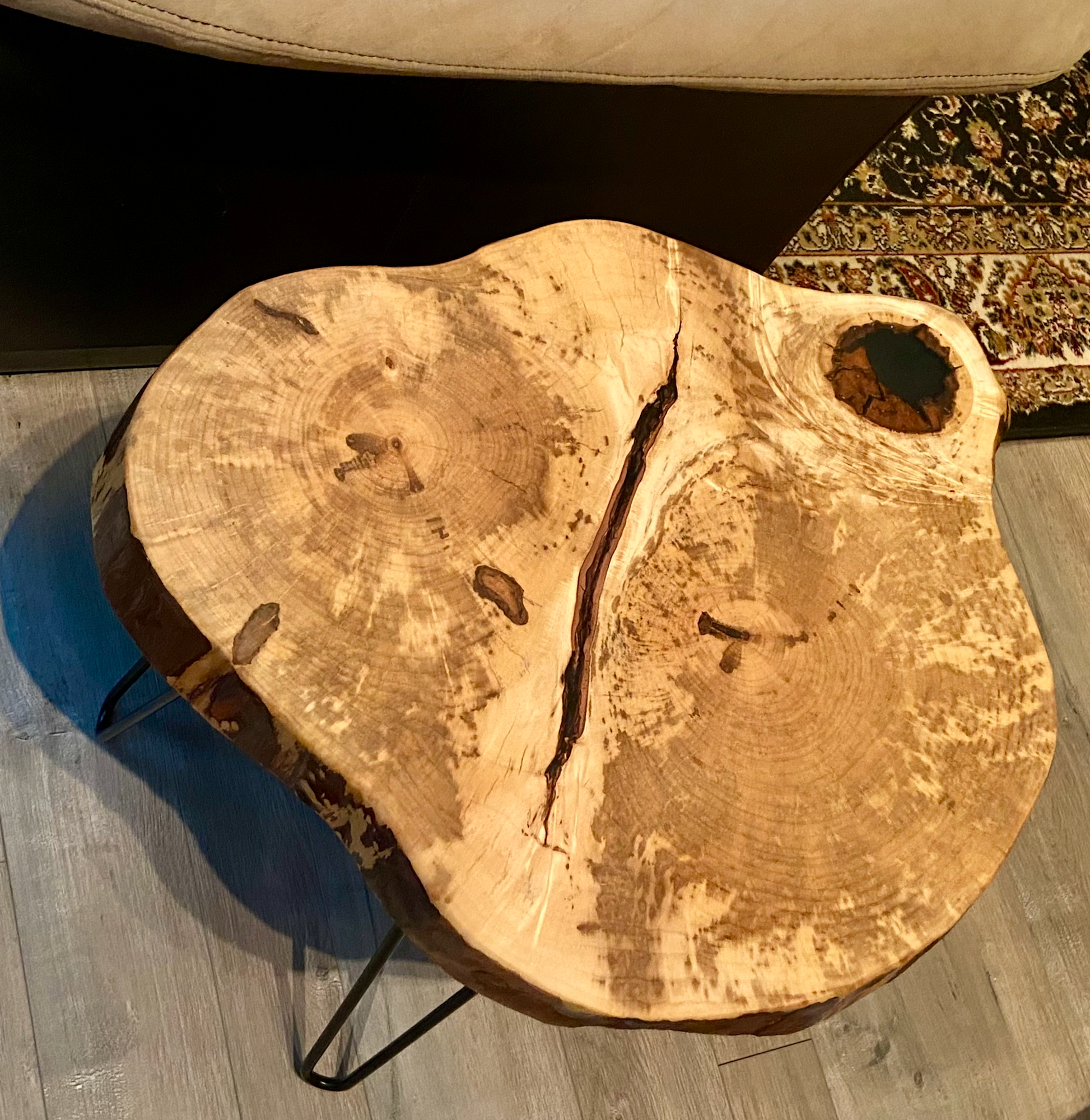 Handcrafted spalted maple live edge wood coffee table with natural, rustic grain patterns. Rustic modern farmhouse furniture made from solid hardwood.