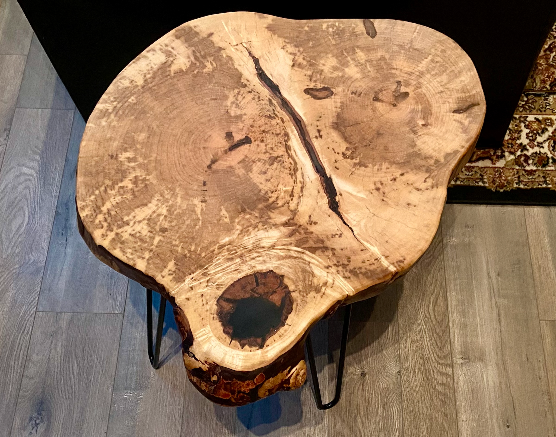 Handcrafted spalted maple live edge wood coffee table with natural, rustic grain patterns. Rustic modern farmhouse furniture made from solid hardwood.