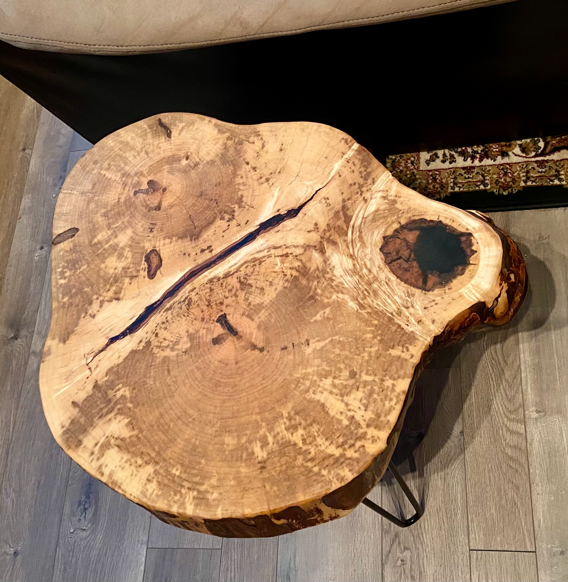 Handcrafted spalted maple live edge wood coffee table with natural, rustic grain patterns. Rustic modern farmhouse furniture made from solid hardwood.