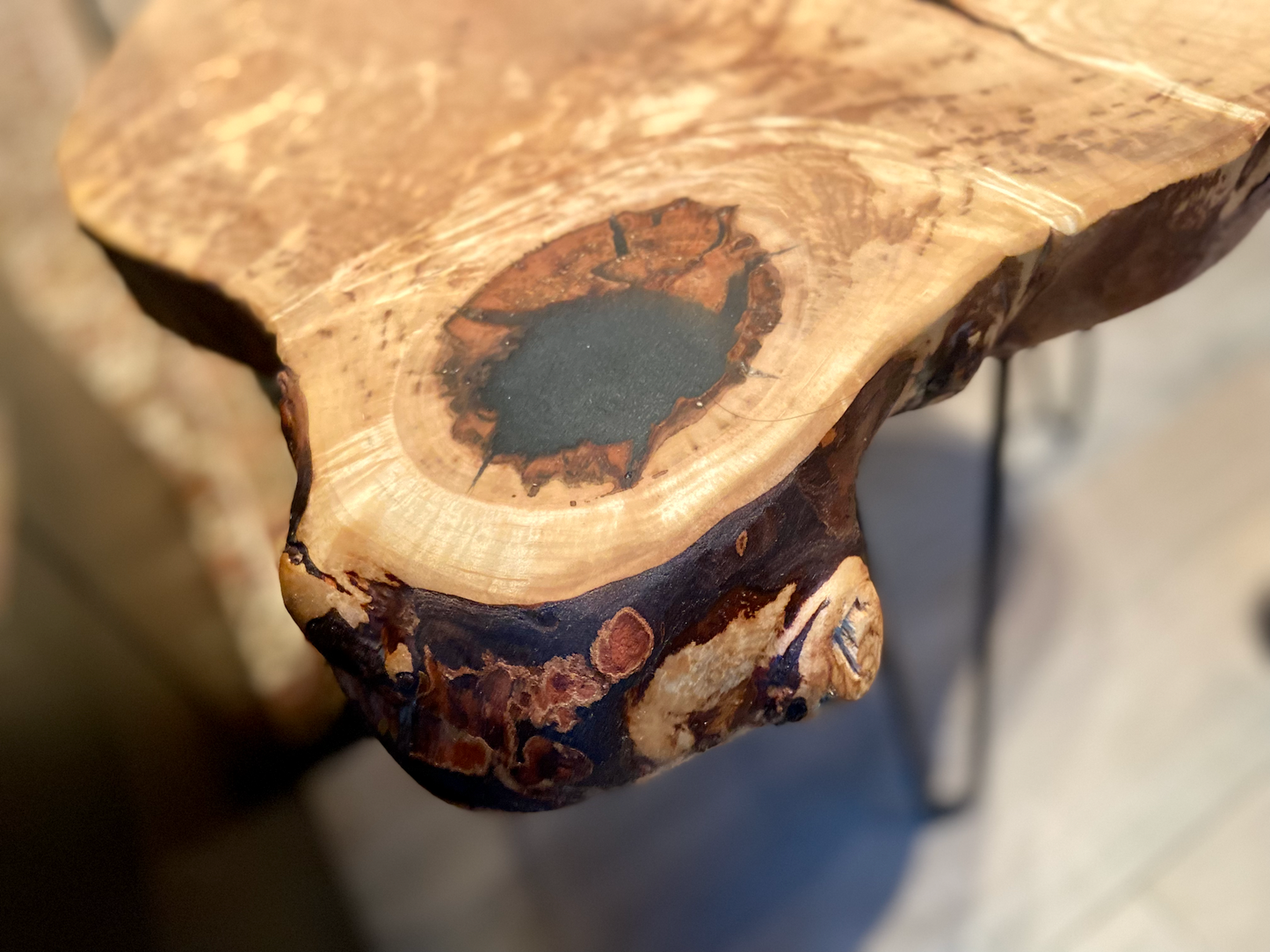 Handcrafted spalted maple live edge wood coffee table with natural, rustic grain patterns. Rustic modern farmhouse furniture made from solid hardwood.