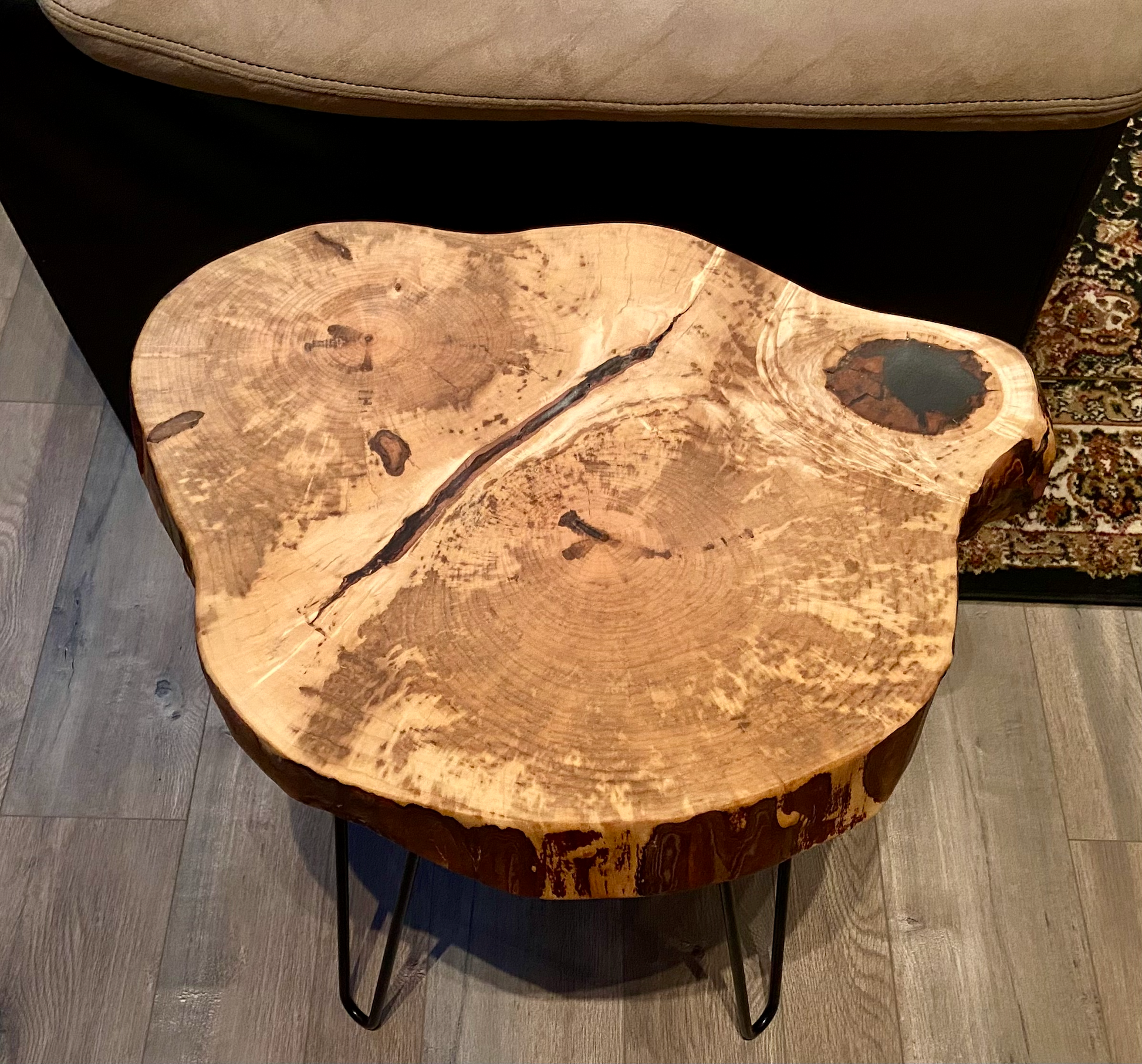 Handcrafted spalted maple live edge wood coffee table with natural, rustic grain patterns. Rustic modern farmhouse furniture made from solid hardwood.