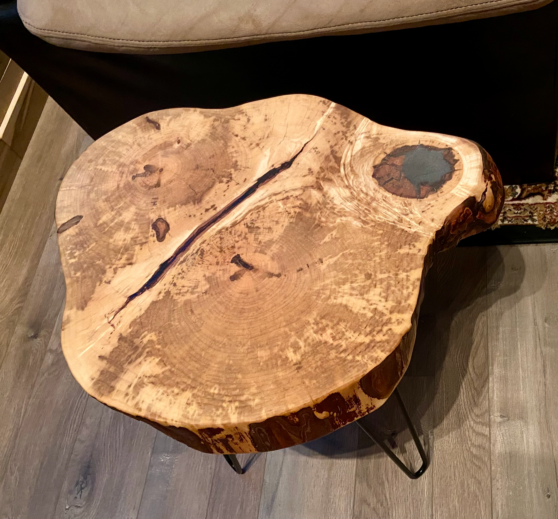 Handcrafted spalted maple live edge wood coffee table with natural, rustic grain patterns. Rustic modern farmhouse furniture made from solid hardwood.