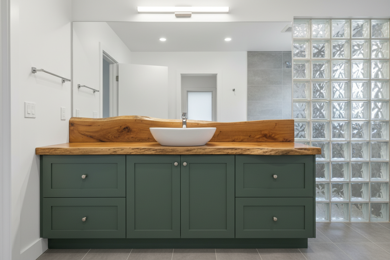live edge english vanity top in a bathroom setting