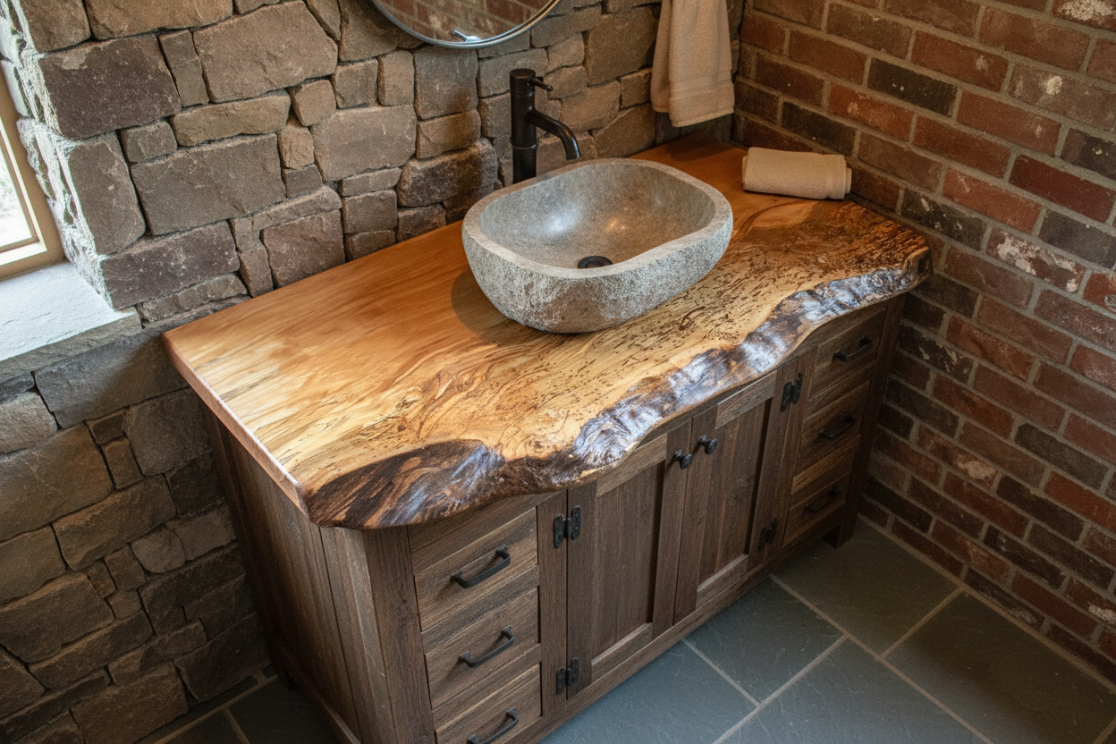 Wooden live edge spalted maple and ambrosia maple vanity top with a natural, rustic finish on a wooden floor.