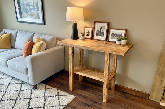 Top-down view of  spalted maple sofa or console table, highlighting natural wood grain, warm tones, and wood details. Handcrafted spalted maple console or sofa table styled in a modern living room with a cozy, rustic aesthetic. Detailed view of spalted maple wood grain, showing natural spalting, color variations, and organic patterns. Straight edge entryway table made from spalted maple, featuring unique grain patterns and a smooth, polished surface. Rustic and modern design.