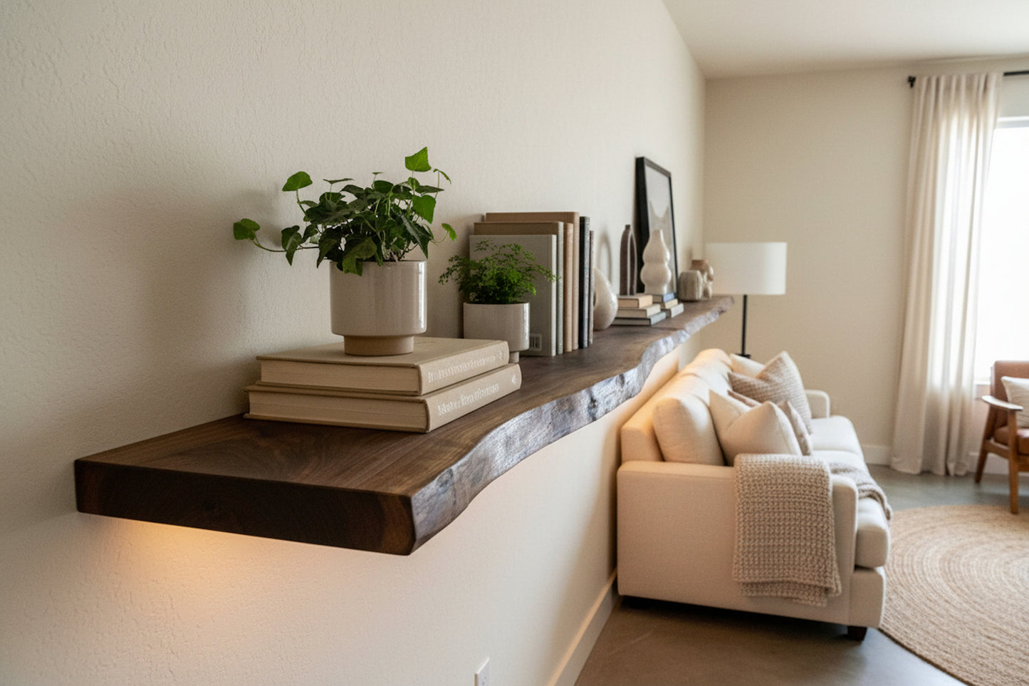 Custom Narrow Live Edge Walnut Wood Rustic Floating Wall Shelves - Premium Hardwood Live Edge Floating Shelves