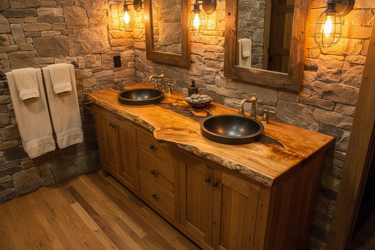 Wooden live edge chestnut vanity top with natural grain and black embedded stone on a wooden surface.