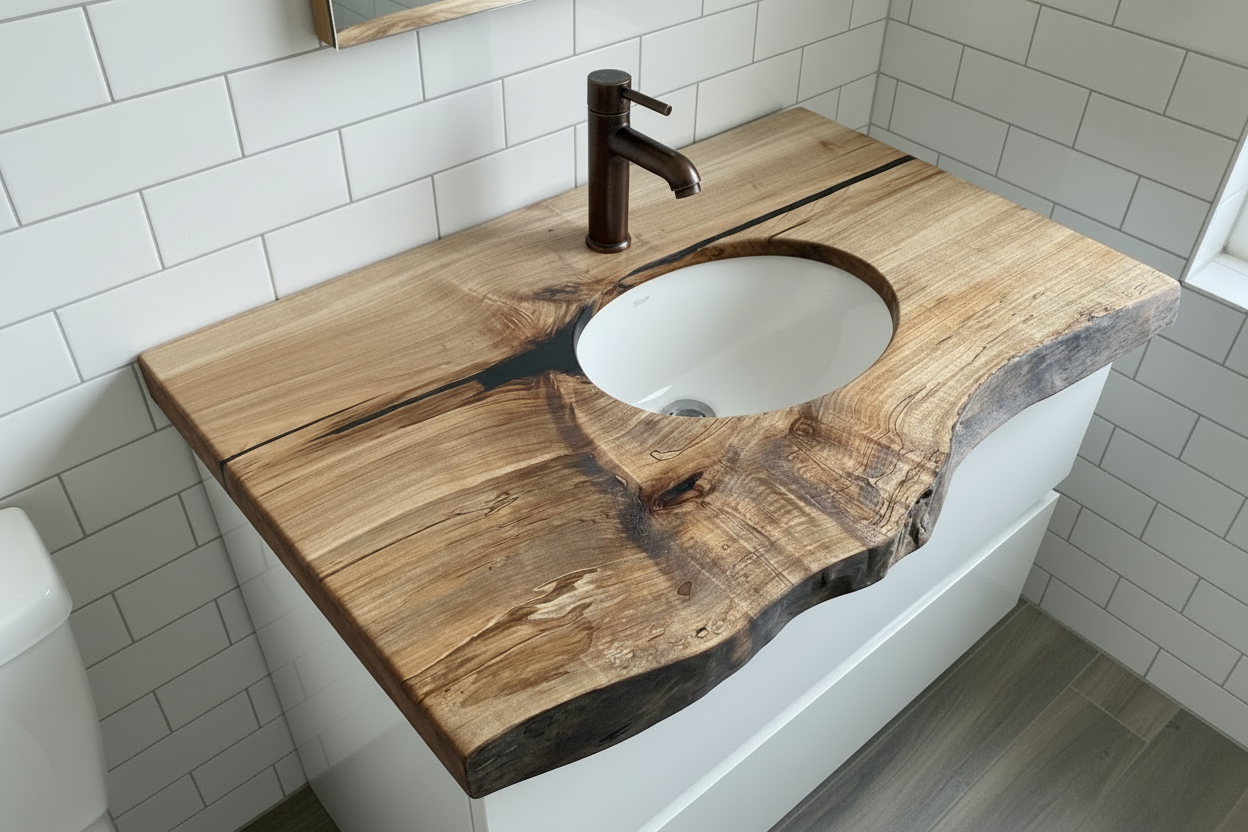 Wooden live edge spalted maple and ambrosia maple vanity top with a rustic design.