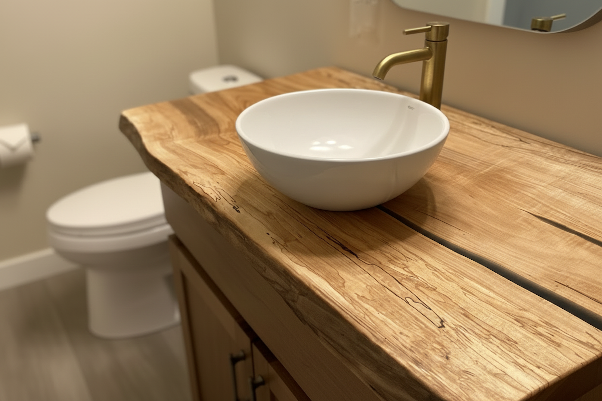 Bathroom vanity with live edge wooden countertop, white sink, and gold faucet.