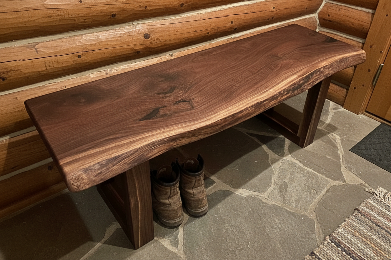 Live edge walnut wood slab coffee table with a natural finish on a wood patterned tile floor.