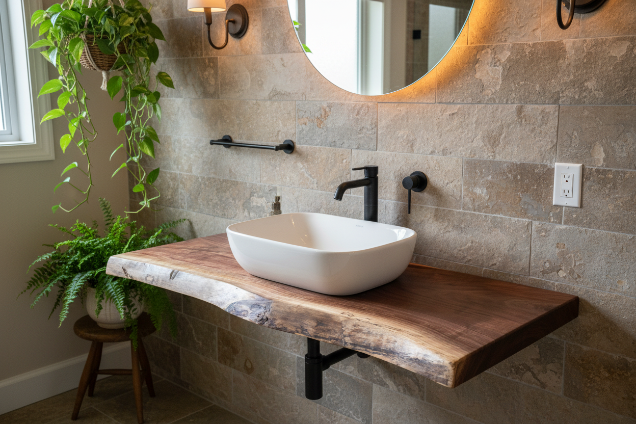 live edge walnut vanity top with a natural edge on a light background