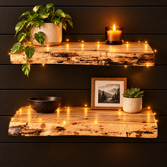 Heavy Duty Live Edge Ambrosia Maple Spalted Wood Floating Shelves Set of 2