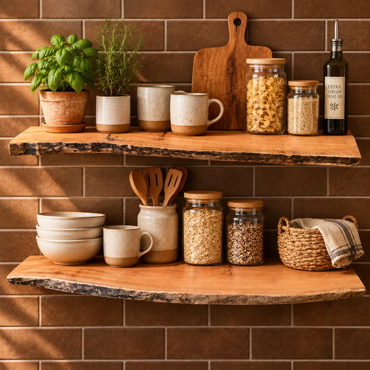 Set of 2 Live Edge American Sycamore Wood Floating Wall Shelves