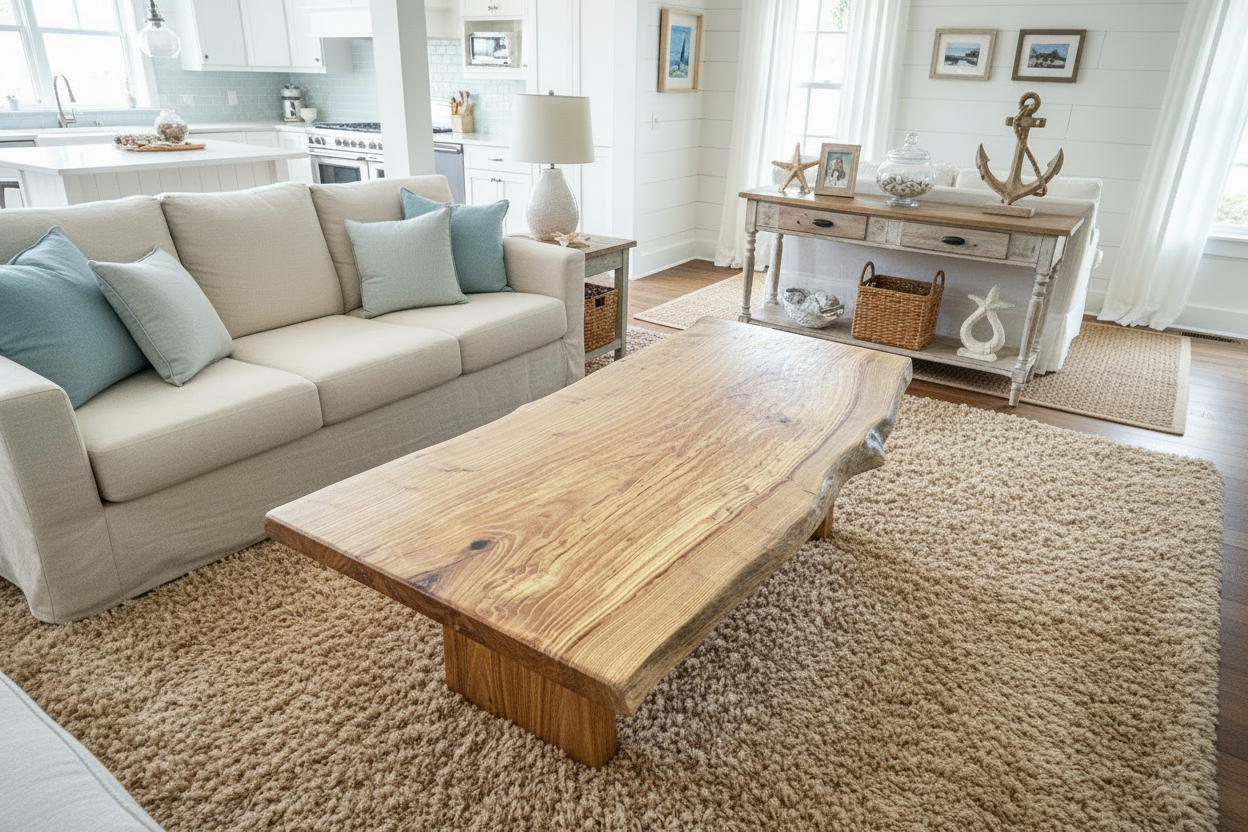 Live edge chestnut wood coffee table on a brown rug in a living room. 
