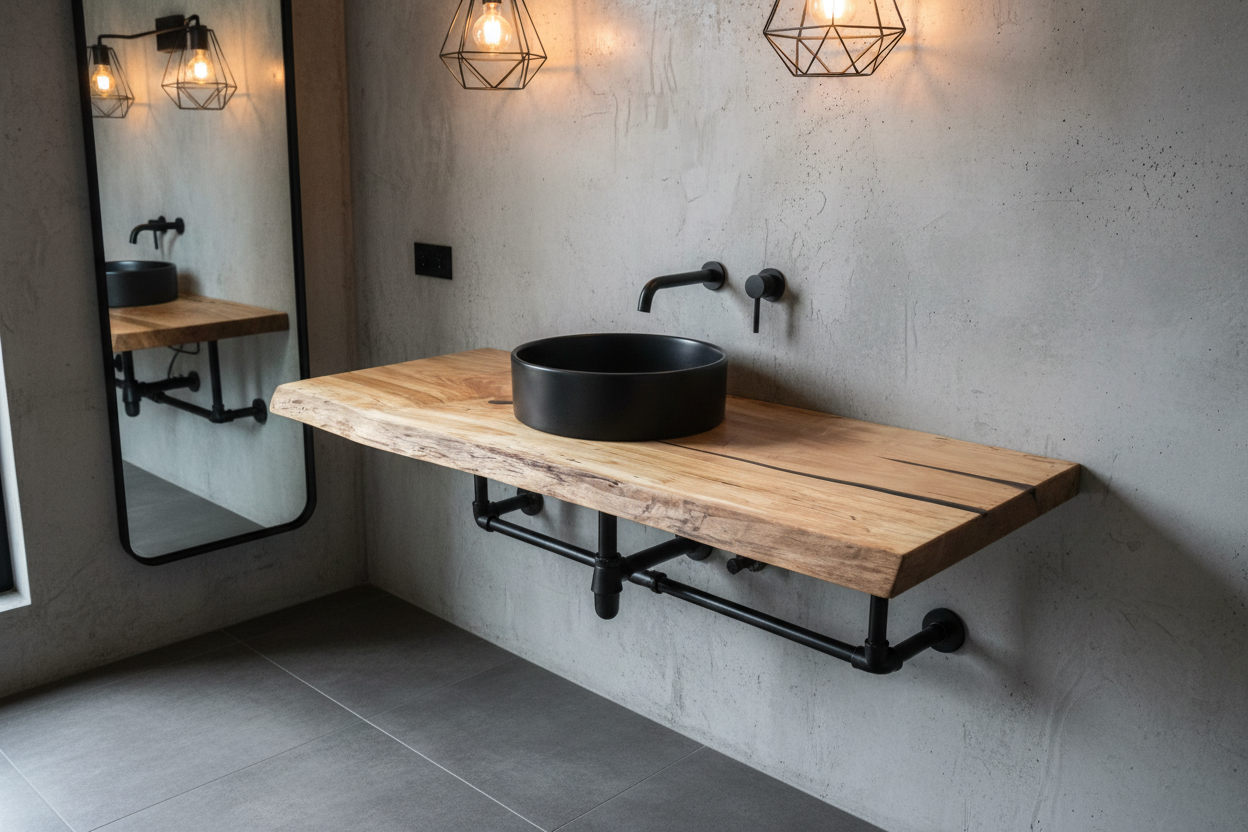 Wooden live edge spalted maple and ambrosia maple vanity top with a natural finish on a wooden floor.