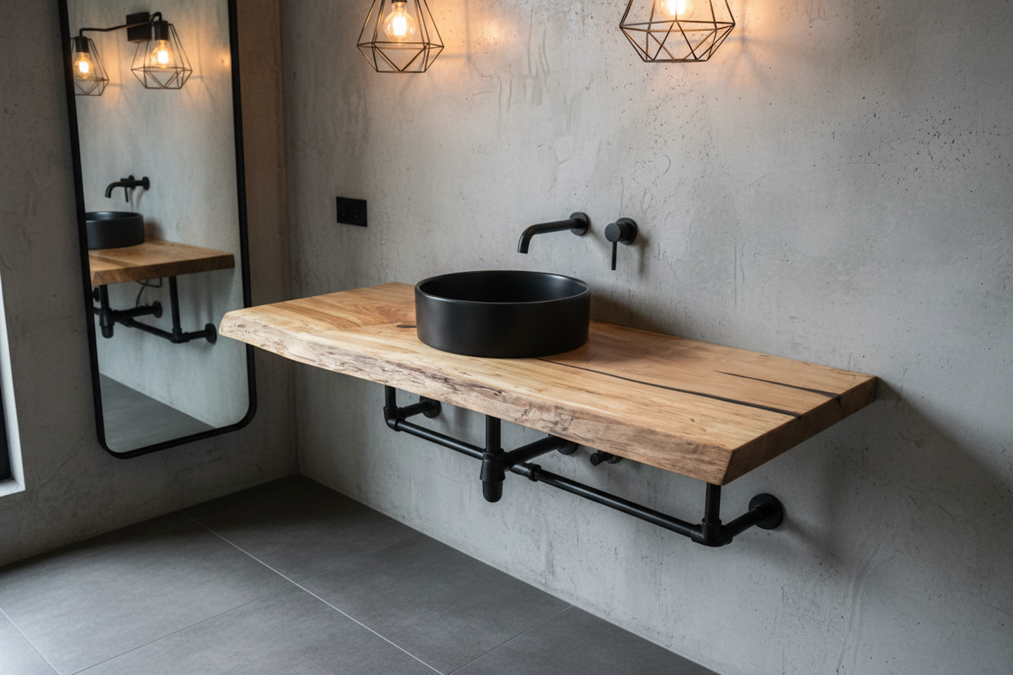 Bathroom with a black sink on a wooden vanity against a concrete wall.