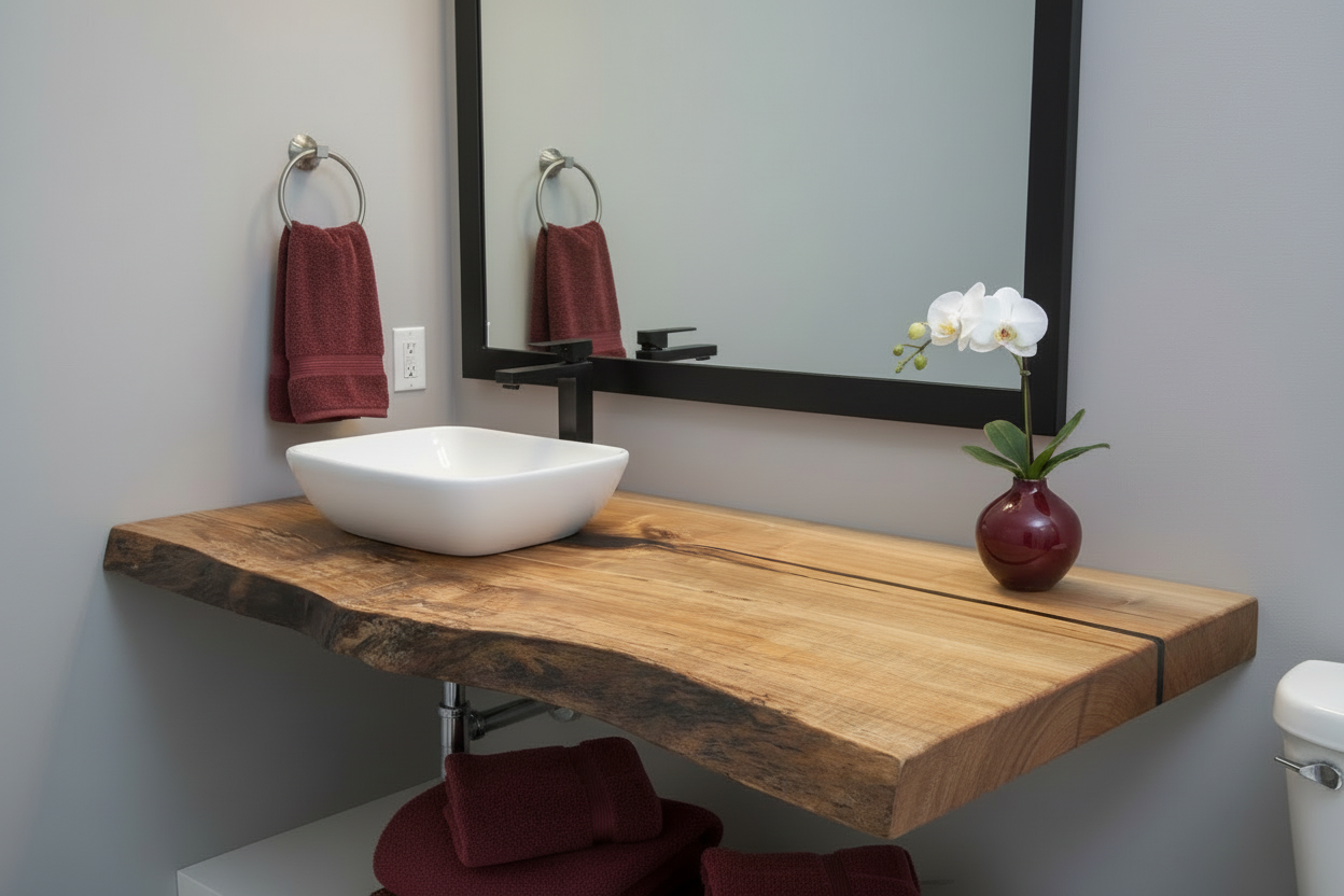 Wooden live edge spalted maple and ambrosia maple vanity top with a natural, rustic finish on a wooden floor.