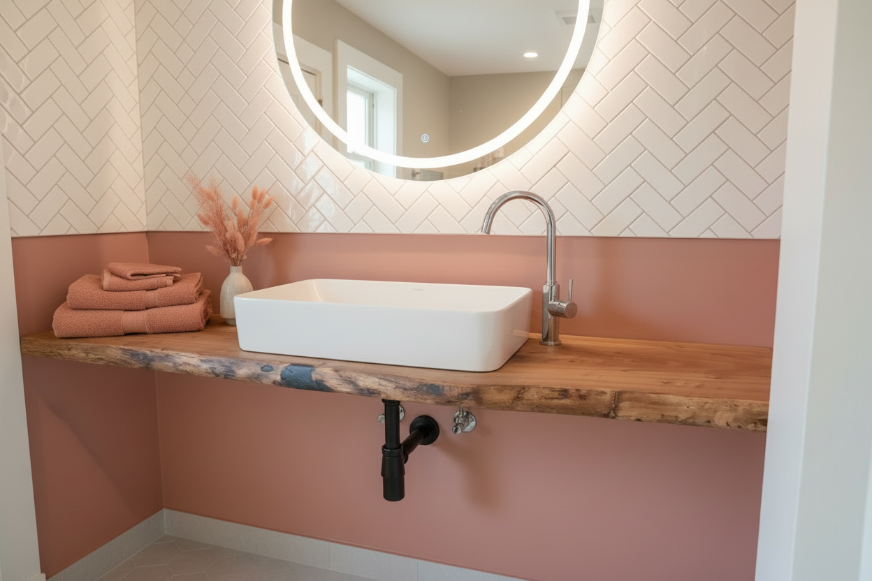 live edge chestnut vanity top in a bathroom setting